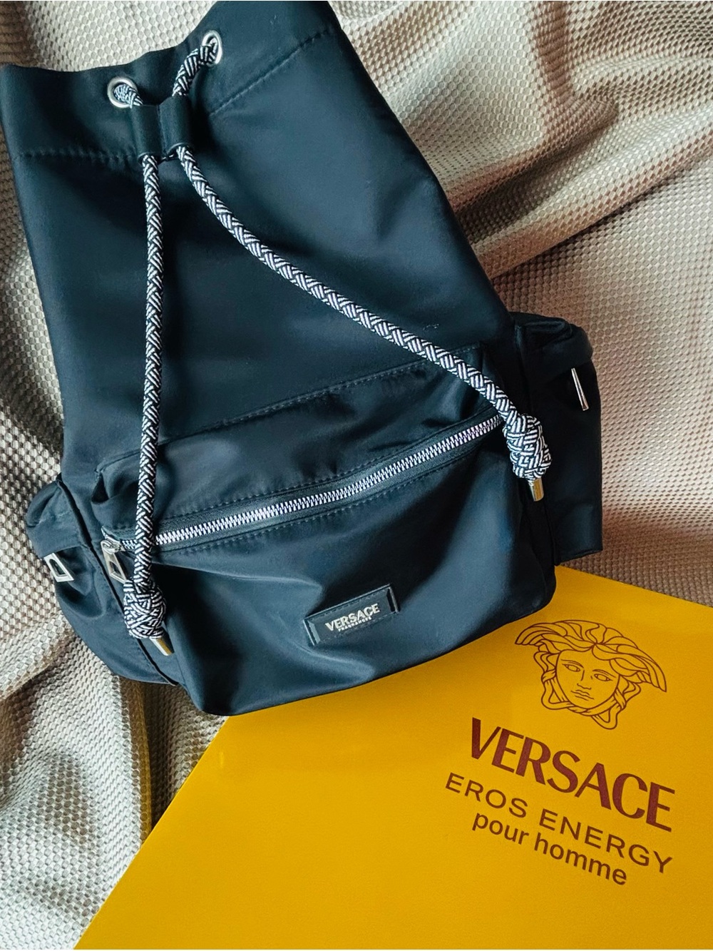 NIB- Versace Black Drawstring Backpack with Contrast Rope